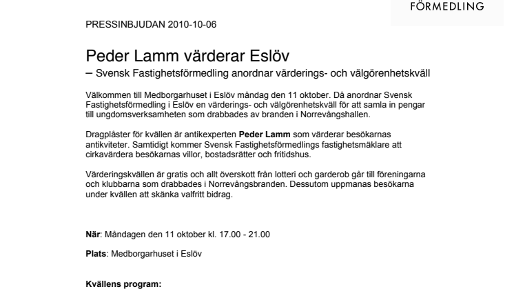 Pressinbjudan: Peder Lamm värderar Eslöv