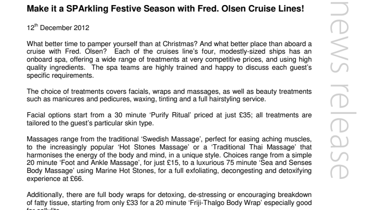 Make it a SPArkling Festive Season with Fred. Olsen Cruise Lines!