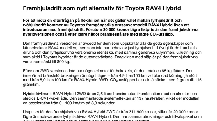 Framhjulsdrift - nytt alternativ för Toyota RAV4 Hybrid