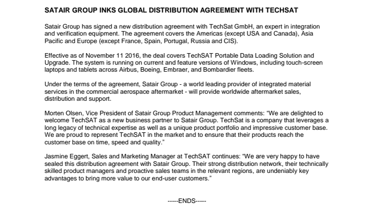 Satair Group inks global distribution agreement with TechSat