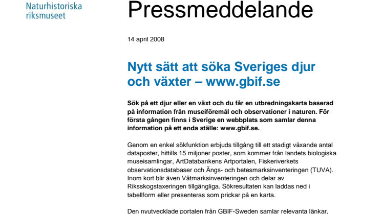 Nytt sätt att söka Sveriges djur och växter — www.gbif.se