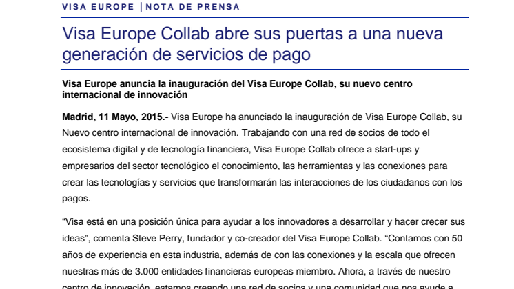 Visa Europe Collab abre sus puertas a una nueva generación de servicios de pago