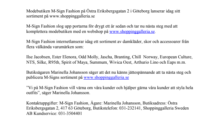 Shoppinggalleria.se - M-Sign Fashion lanserar idag sitt sortiment i ny webshop
