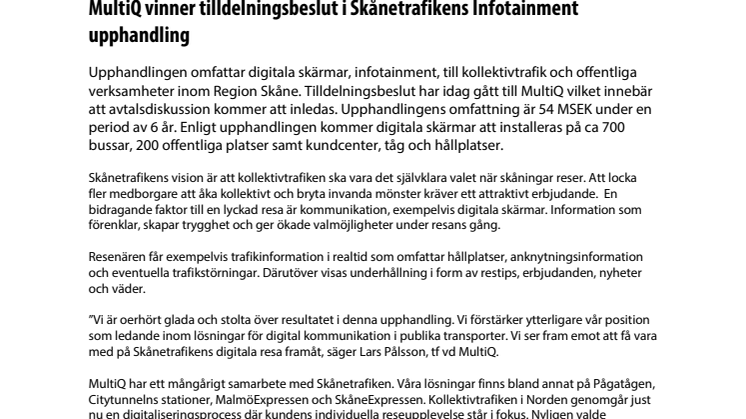 MultiQ vinner tilldelningsbeslut i Skånetrafikens Infotainment upphandling