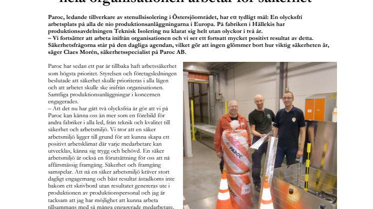 Parocs fabrik i Hällekis fortsatt olycksfri – hela organisationen arbetar för säkerhet 