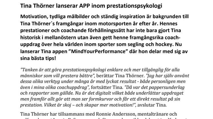 Tina Thörner lanserar APP inom prestationspsykologi