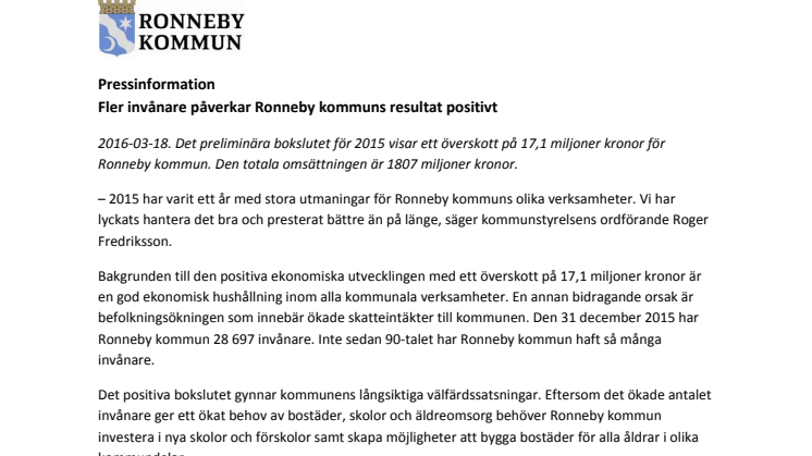 Fler invånare påverkar Ronneby kommuns resultat positivt