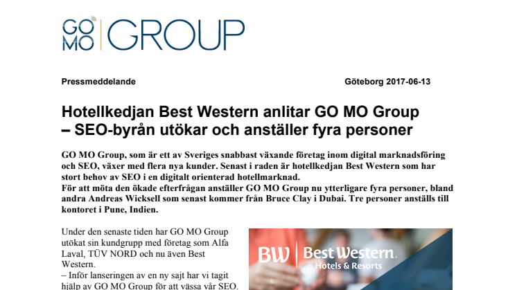 Hotellkedjan Best Western anlitar GO MO Group  – SEO-byrån utökar och anställer fyra personer