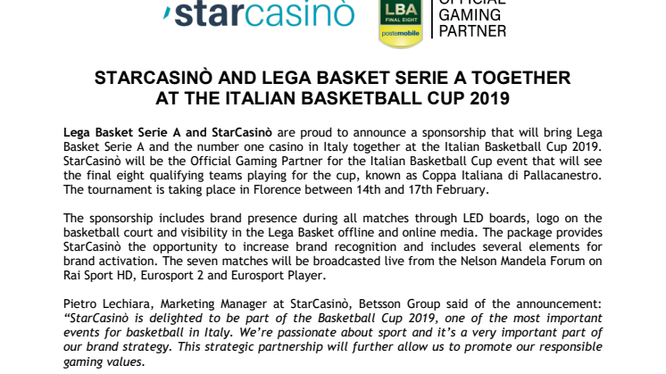 StarCasinò and Lega Basket Serie A together at the Italian Basketball Cup 2019