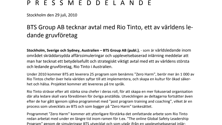 BTS Group AB tecknar avtal med Rio Tinto, ett av världens ledande gruvföretag