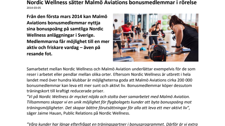 Nordic Wellness sätter Malmö Aviations bonusmedlemmar i rörelse