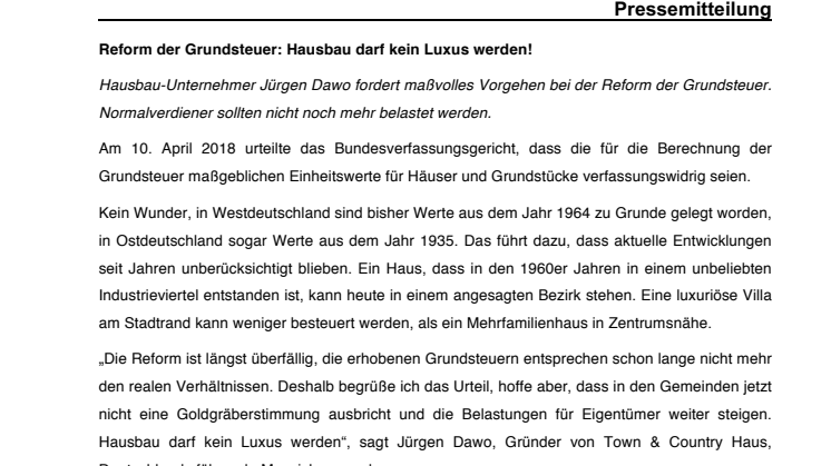 Reform der Grundsteuer: Hausbau darf kein Luxus werden!