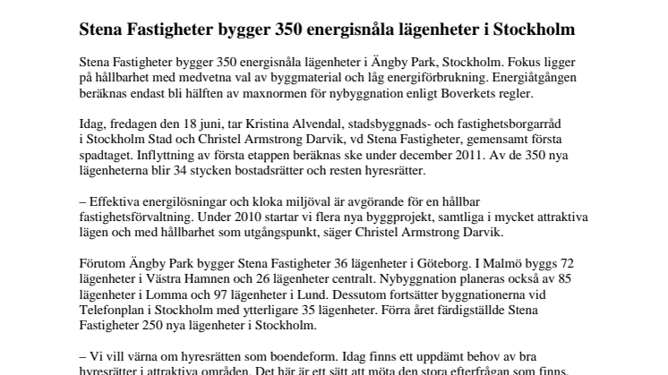 Stena Fastigheter bygger 350 energisnåla lägenheter i Stockholm