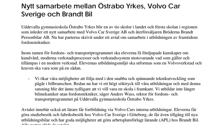 Nytt samarbete mellan Östrabo Yrkes, Volvo Car Sverige och Brandt Bil