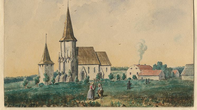 Lärbro kyrka.  Akvarell målad av Pehr Arvid Säve 1854.