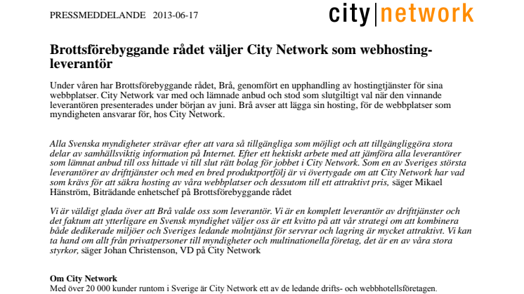 Brottsförebyggande rådet väljer City Network som webhosting-leverantör