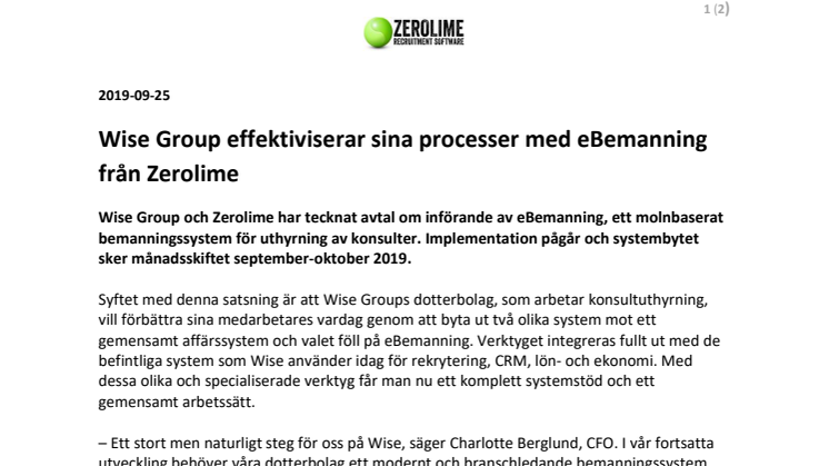 Wise Group effektiviserar sina processer med eBemanning från Zerolime 