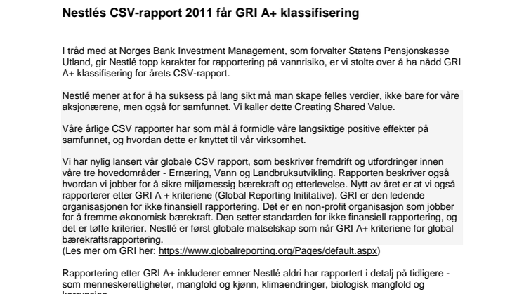 Nestlés CSV-rapport 2011 får GRI A+ klassifisering 