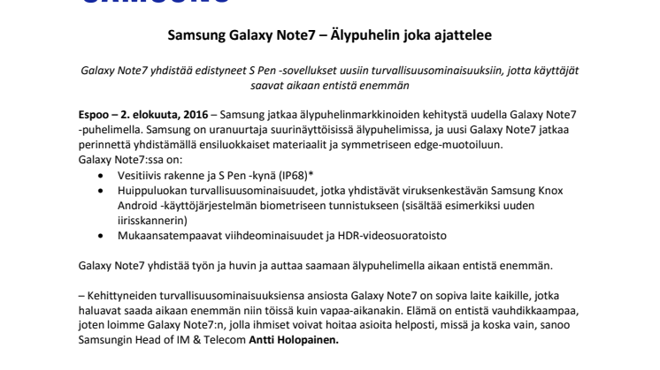 Samsung Galaxy Note7 – Älypuhelin joka ajattelee