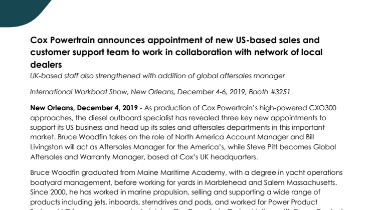 International Workboat Show: Cox Powertrain announces appointment of new US-based sales and customer support team to work in collaboration with network of local dealers