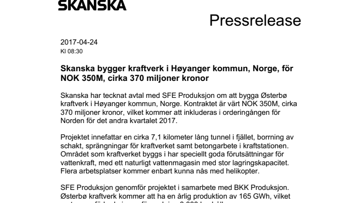 Skanska bygger kraftverk i Høyanger kommun, Norge, för NOK 350M, cirka 370 miljoner kronor