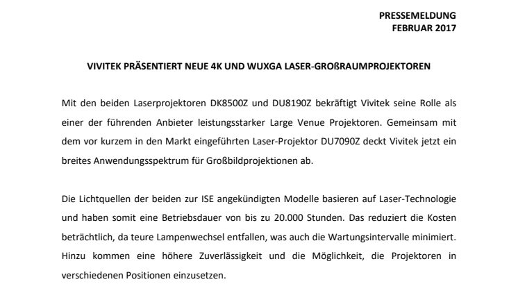 VIVITEK PRÄSENTIERT NEUE 4K UND WUXGA LASER-GROßRAUMPROJEKTOREN 