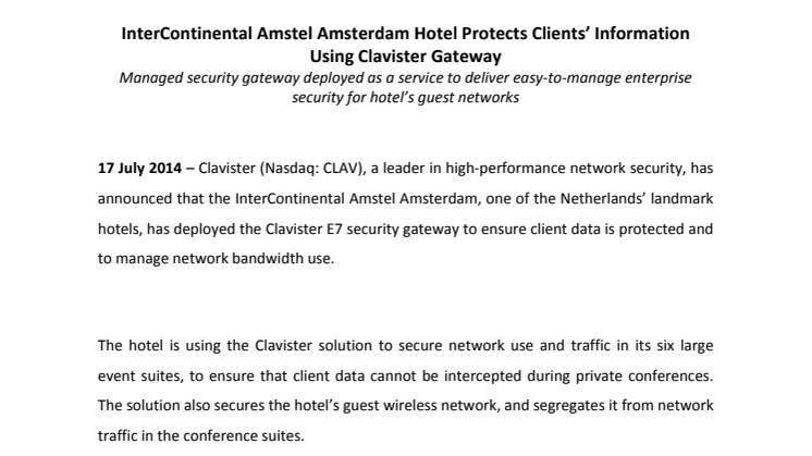 InterContinental Amstel Amsterdam Hotel Protects Clients’ Information Using Clavister Gateway
