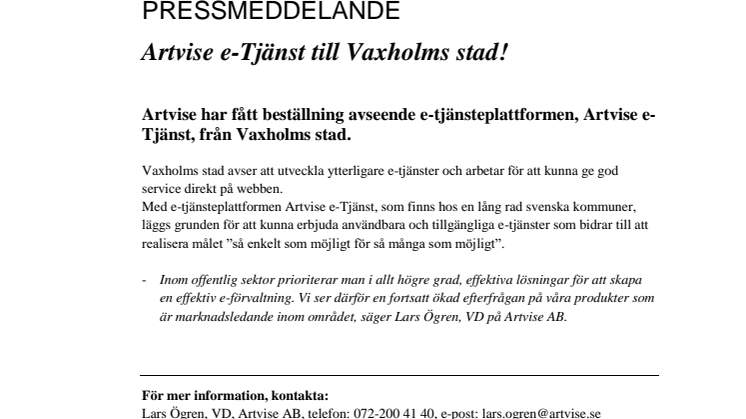 Artvise e-Tjänst till Vaxholms stad!