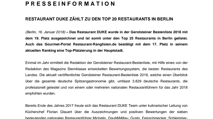 Restaurant DUKE zählt zu den Top 20 Restaurants in Berlin