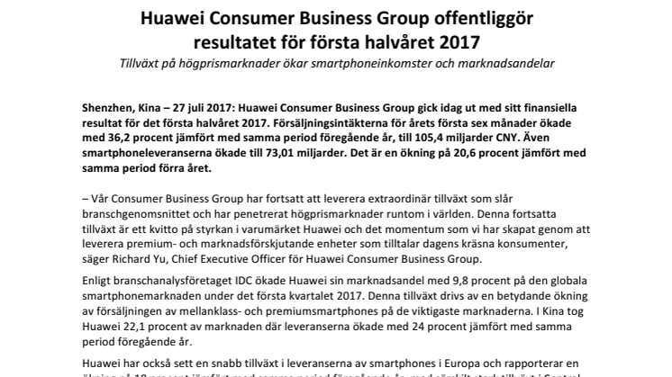 Huawei Consumer Business Group offentliggör resultatet för första halvåret 2017
