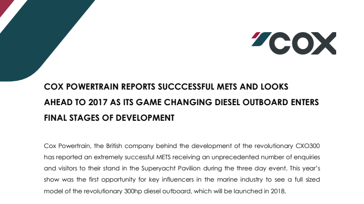 Cox Powertrain - Cox Powertrain Reports Successful METS and Looks Ahead to 2017 as its Game Changing Diesel Outboard Enters Final Stages of Development