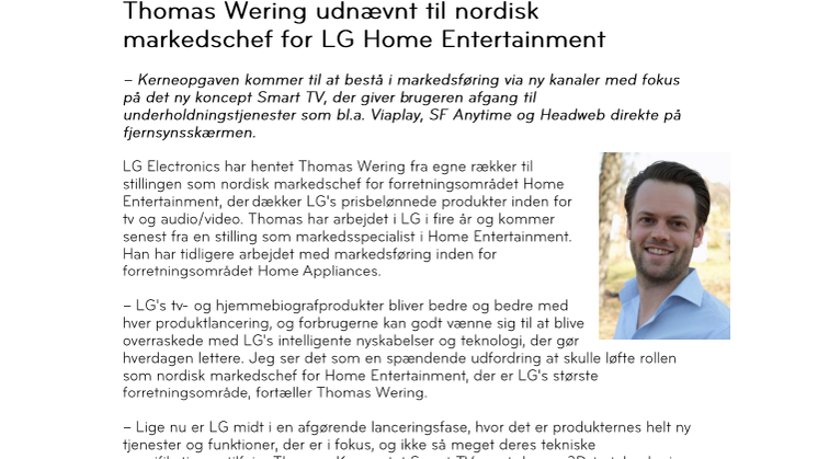 Thomas Wering udnævnt til nordisk markedschef for LG Home Entertainment
