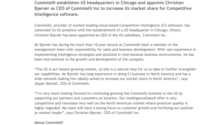 Comintelli establishes US headquarters in Chicago and appoints Christian Bjersér as CEO of Comintelli Inc to increase its market share for Competitive Intelligence software