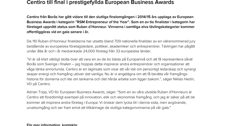 Centiro till final i prestigefyllda European Business Awards