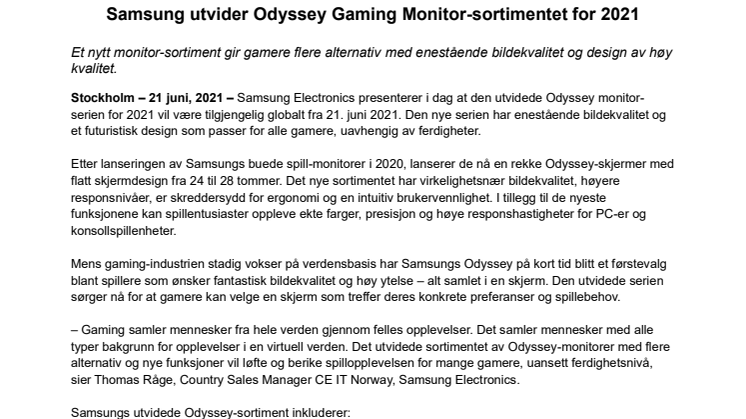 Samsung utvider Odyssey Gaming Monitor-sortimentet for 2021