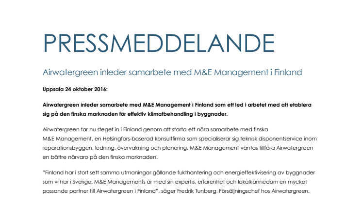 Airwatergreen inleder samarbete med M&E Management i Finland