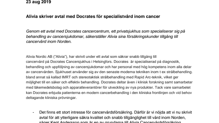 Alivia skriver avtal med Docrates för specialistvård inom cancer
