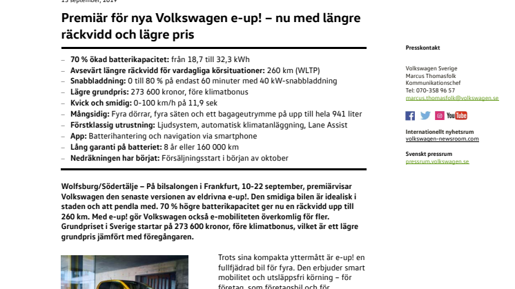 Premiär för nya Volkswagen e-up! – nu med längre räckvidd och lägre pris