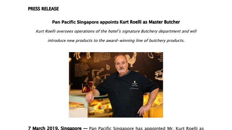 Pan Pacific Singapore appoints Kurt Roelli as Master Butcher