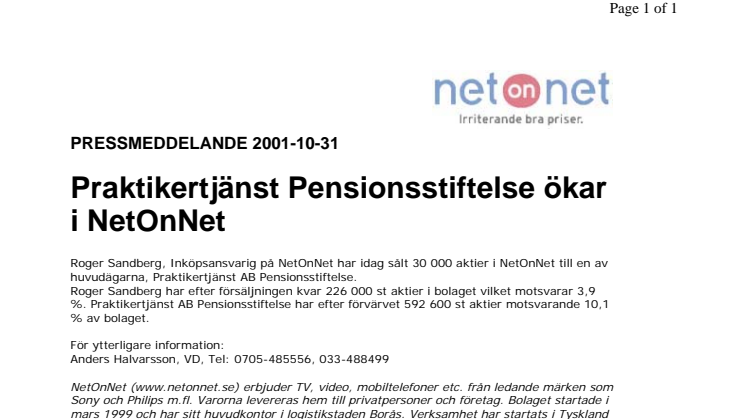 Praktikertjänst Pensionsstiftelse ny storägare i NetOnNet