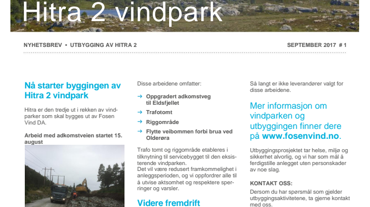 Nyhetsbrev Hitra2 vindpark #1 - 2017