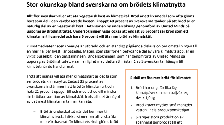 Stor okunskap bland svenskarna om brödets klimatnytta 