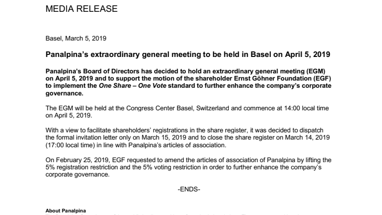 Panalpina’s extraordinary general meeting to be held in Basel on April 5, 2019