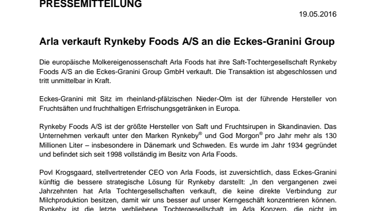 Arla verkauft Rynkeby Foods A/S an die Eckes-Granini Group