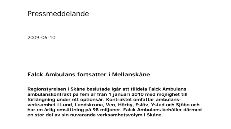 Falck Ambulans fortsätter i Mellanskåne