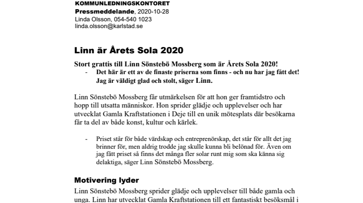 ​Linn är Årets Sola 2020