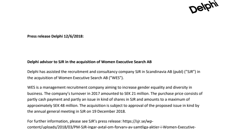 Delphi advisor to SJR in the acquisition of Women Executive Search AB