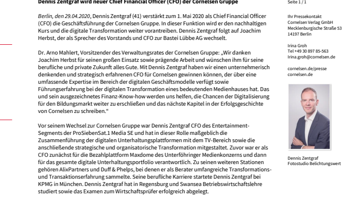 ​Dennis Zentgraf wird neuer Chief Financial Officer (CFO) der Cornelsen Gruppe