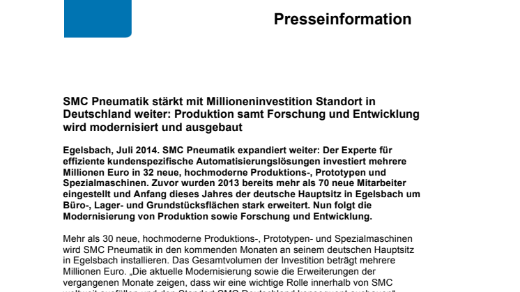 SMC Pneumatik stärkt mit Millioneninvestition Standort in Deutschland