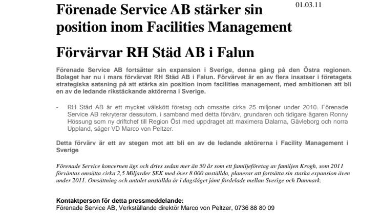 Förenade Service AB förvärvar RH Städ AB i Falun